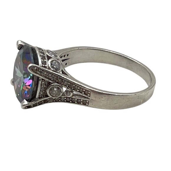 Sterling Silver Mystic Topaz Ring Sz 9 Rainbow 12mm Stone CZ Accents Art Deco - Picture 4 of 13